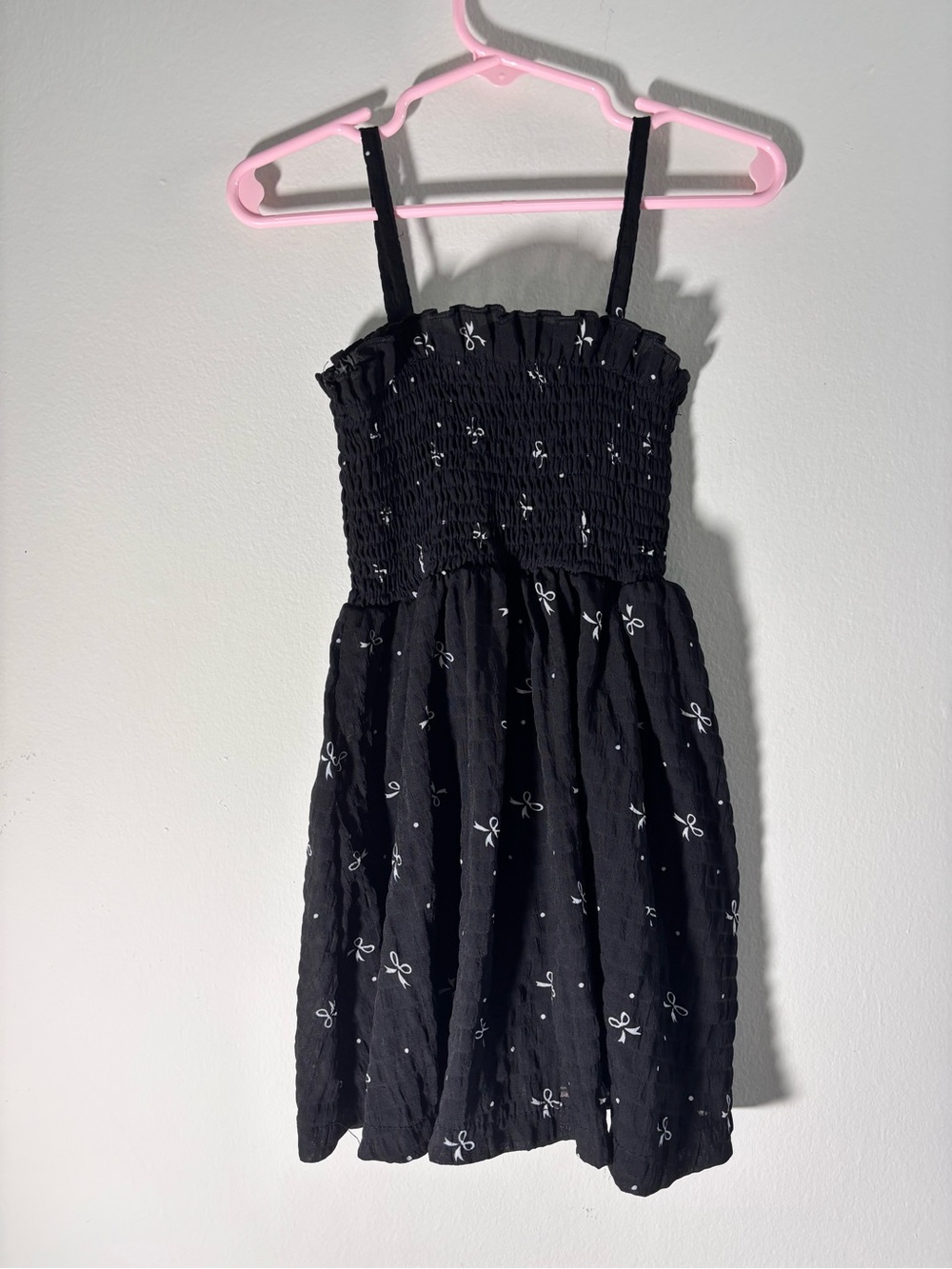 Girls Black Smocked Sundress with White Bow Embroidery
